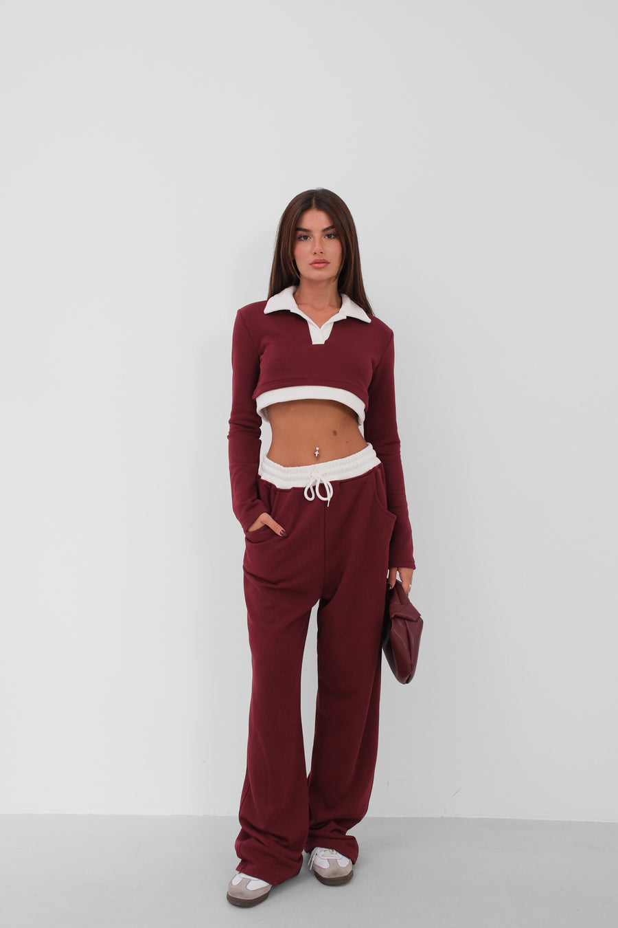 Polo Yaka Garnili Crop Bordo Sweatshirt