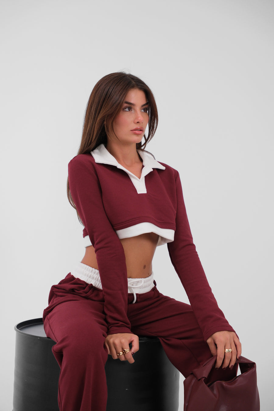 Polo Yaka Garnili Crop Bordo Sweatshirt