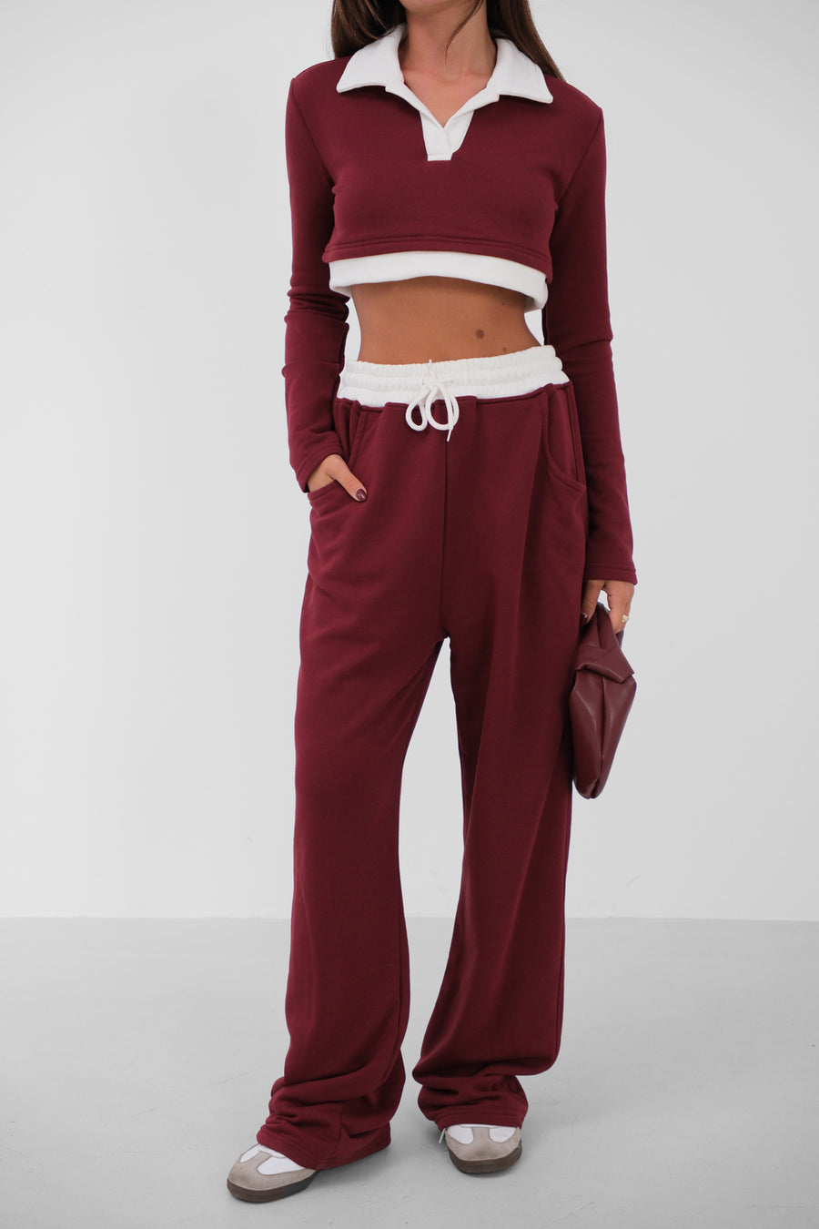 Polo Yaka Garnili Crop Bordo Sweatshirt