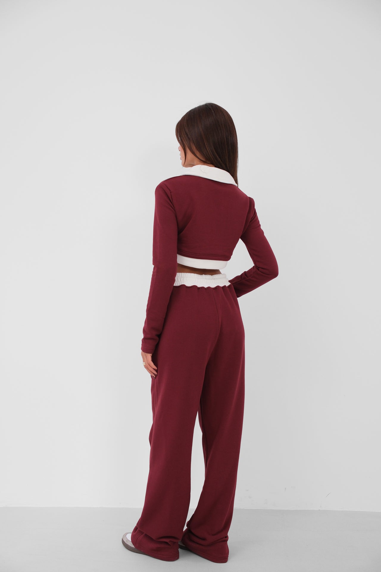 Polo Yaka Garnili Crop Bordo Sweatshirt