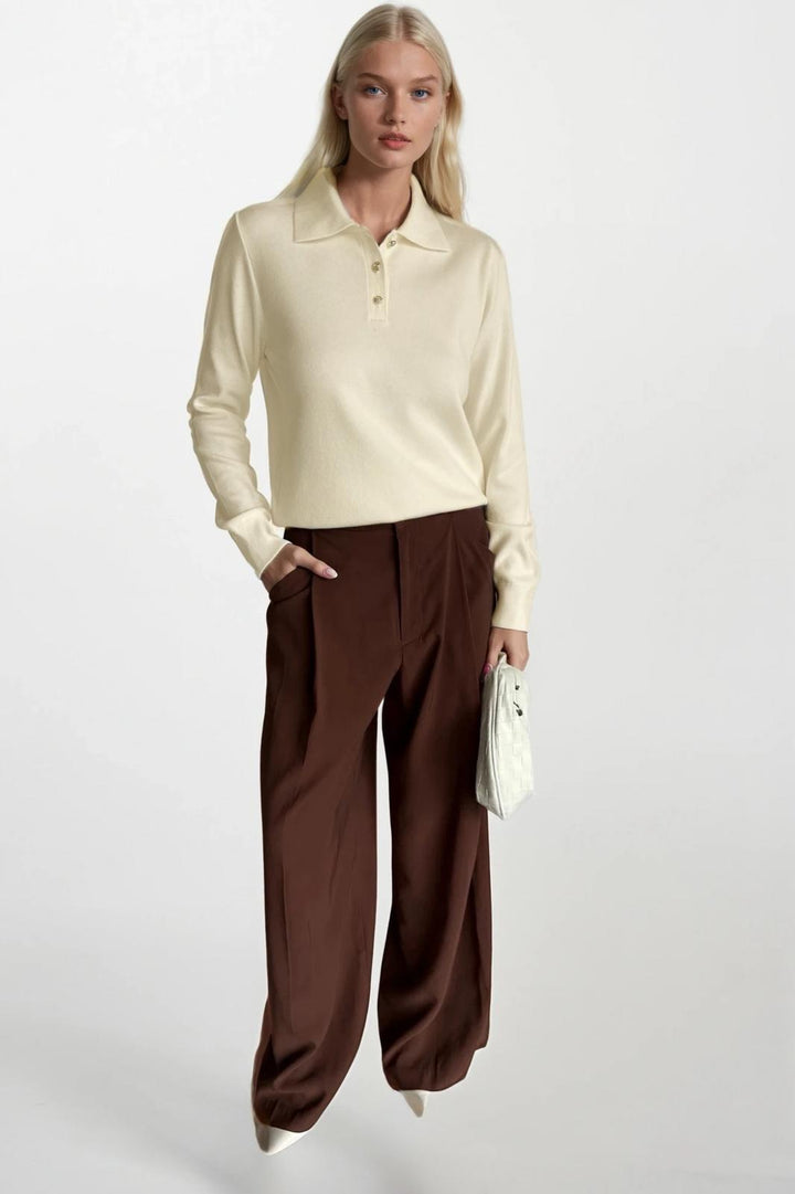 Polo Yaka Gold Düğmeli Triko Beyaz Bluz