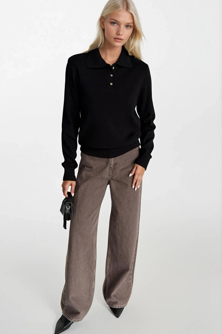 Polo Yaka Gold Düğmeli Triko Siyah Bluz