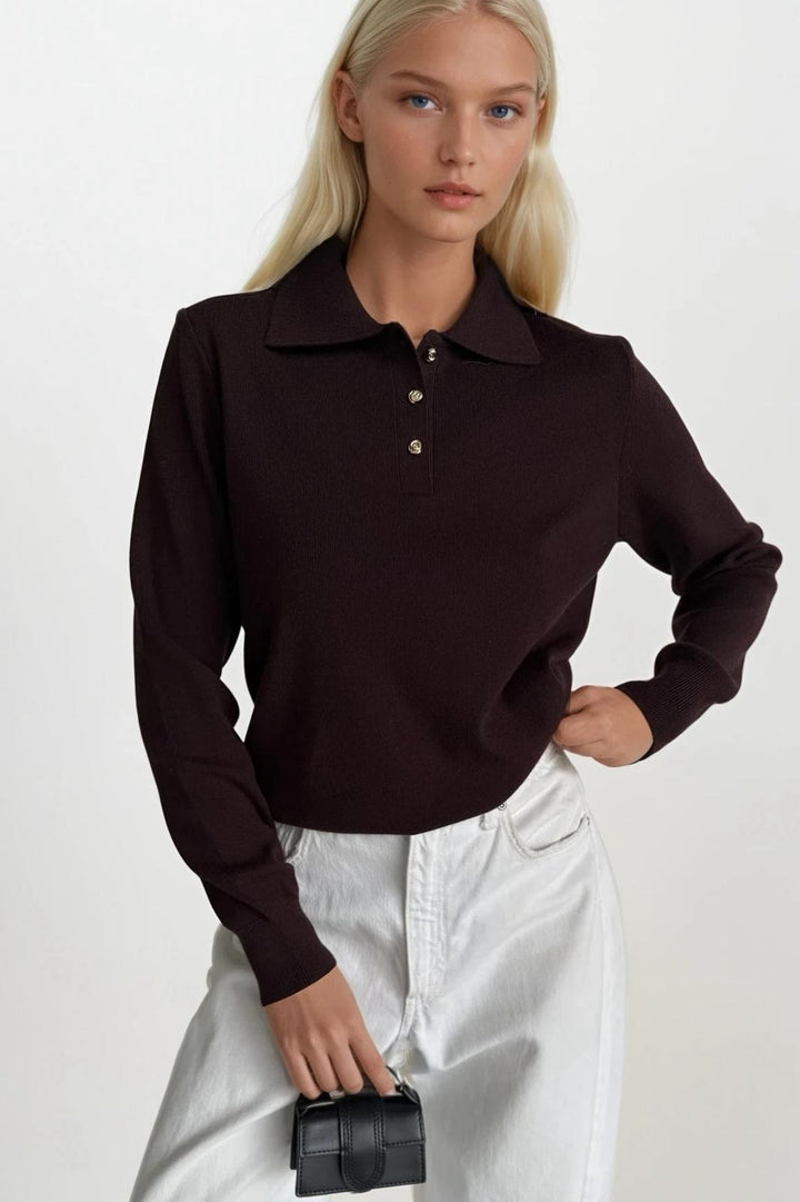 Polo Yaka Gold Düğmeli Triko Bordo Bluz