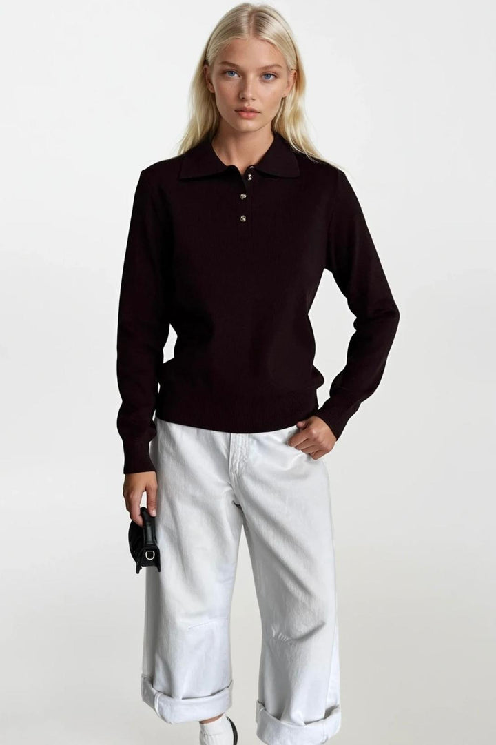 Polo Yaka Gold Düğmeli Triko Bordo Bluz