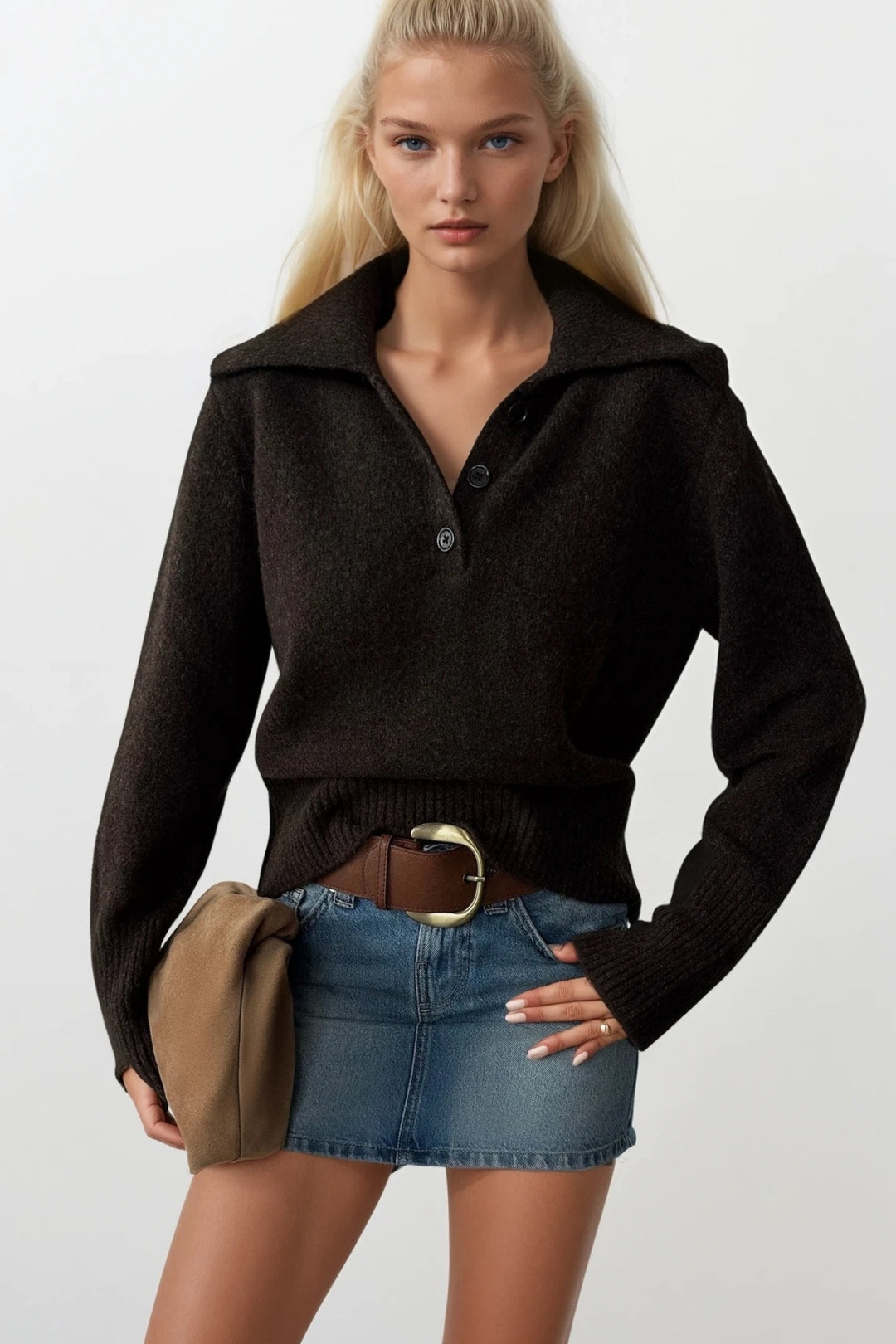 Polo Yaka Kahverengi Düğmeli Triko Kazak