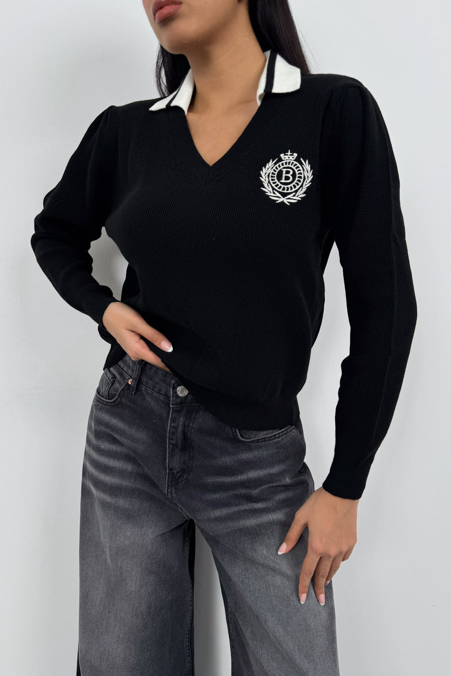 Polo Collar Black College Sweater 