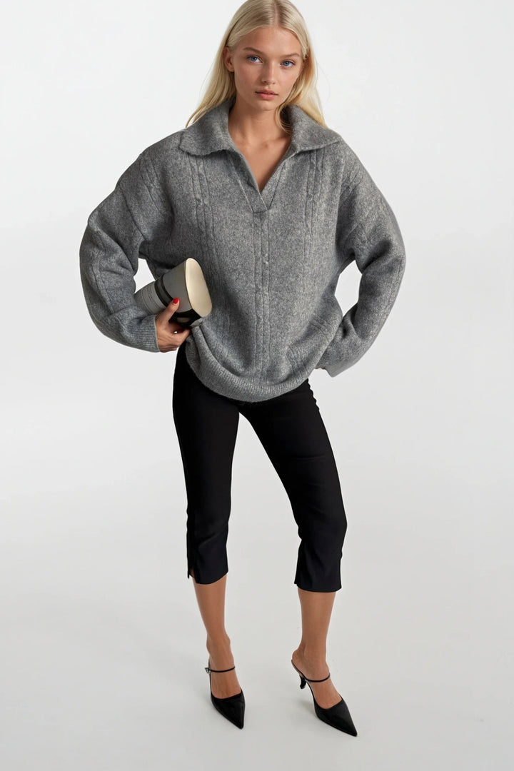 Polo Yaka Örgü Desen Gri Triko Kazak