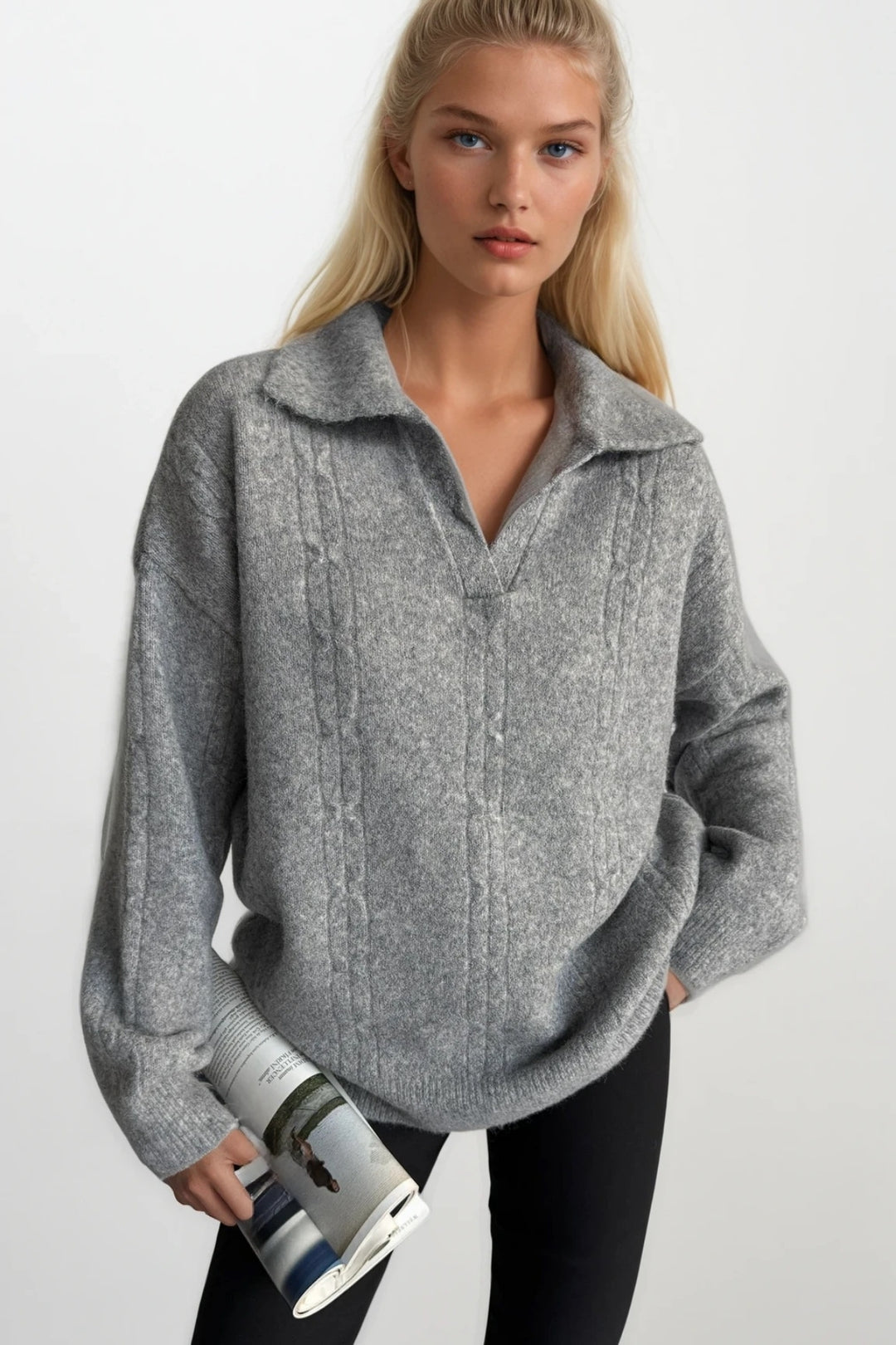 Polo Yaka Örgü Desen Gri Triko Kazak