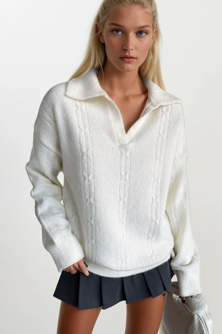 Polo Yaka Örgü Desen Ekru Triko Kazak