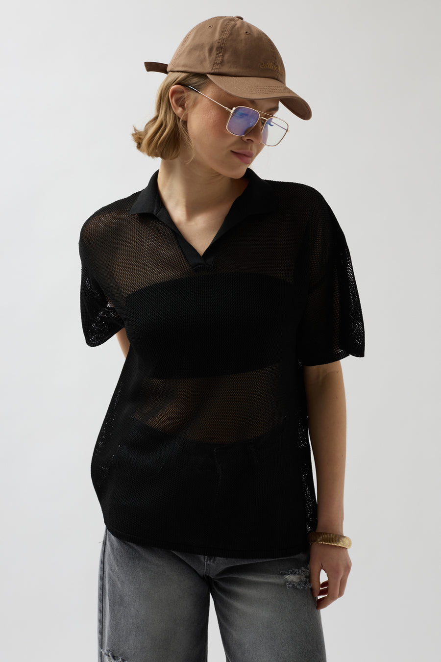 Polo Collar Transparent Black T-Shirt 