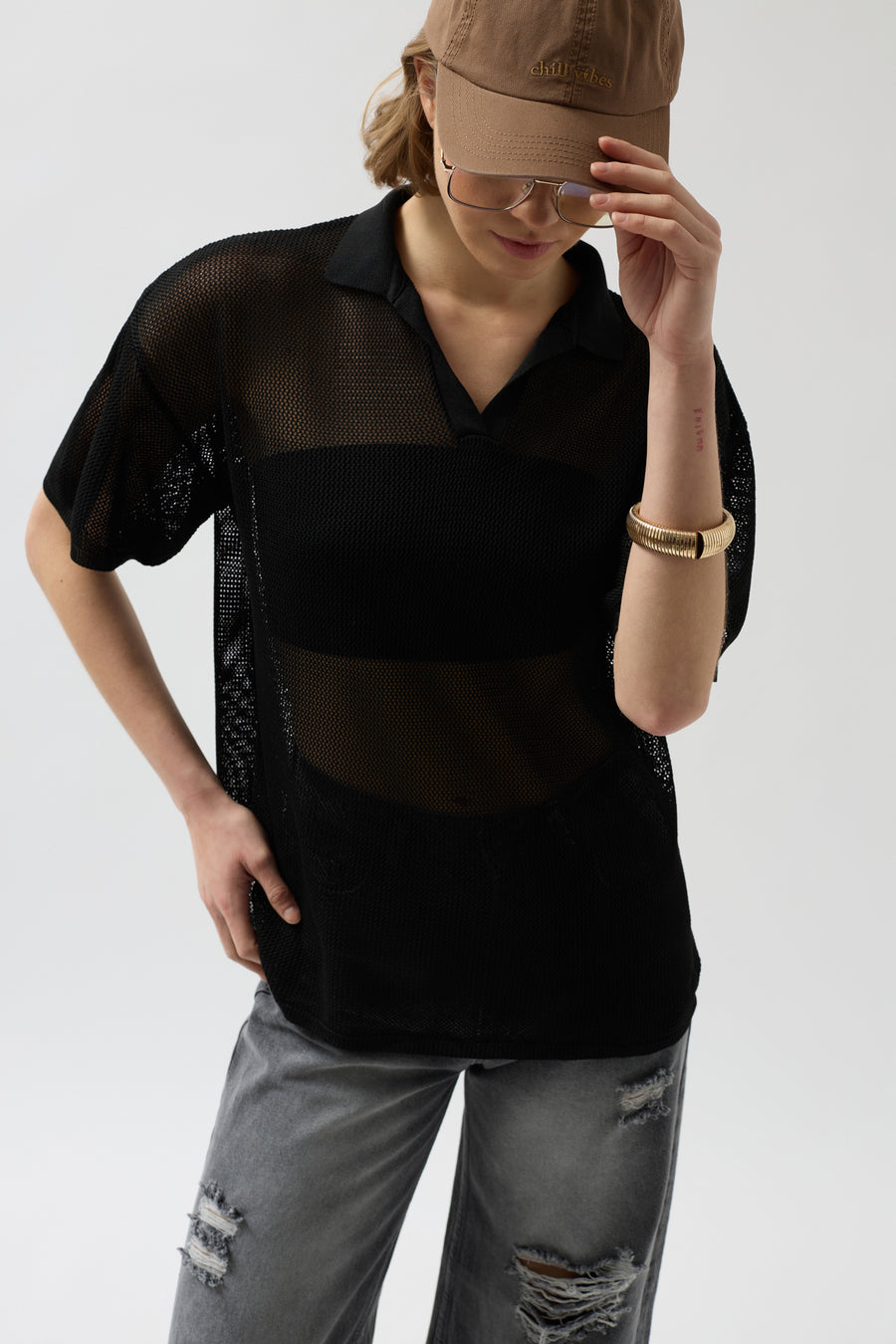 Polo Collar Transparent Black T-Shirt 