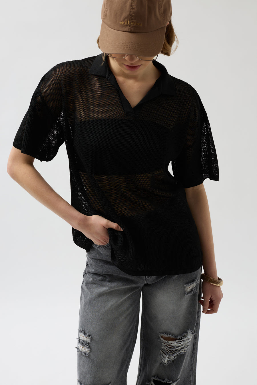 Polo Collar Transparent Black T-Shirt 