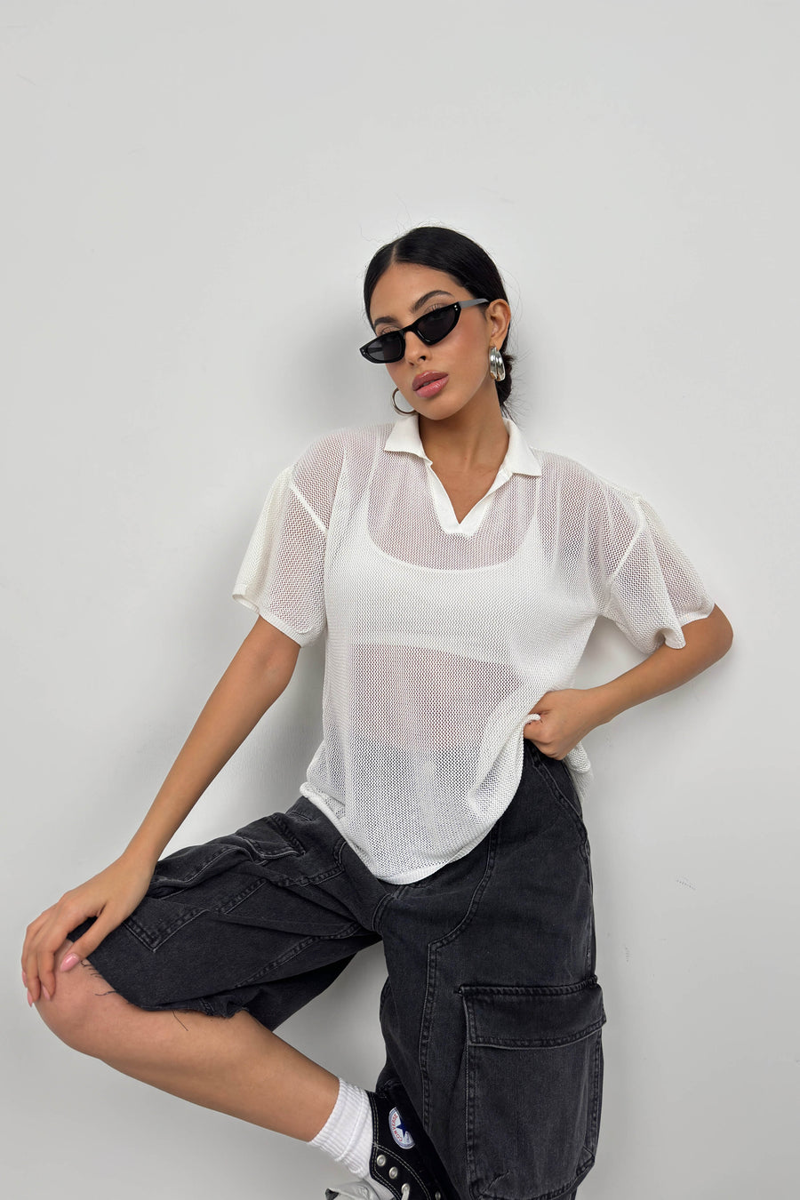 Polo Neck Transparent Ecru T-Shirt 