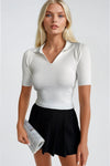 Polo Yaka Beyaz Triko Crop Bluz