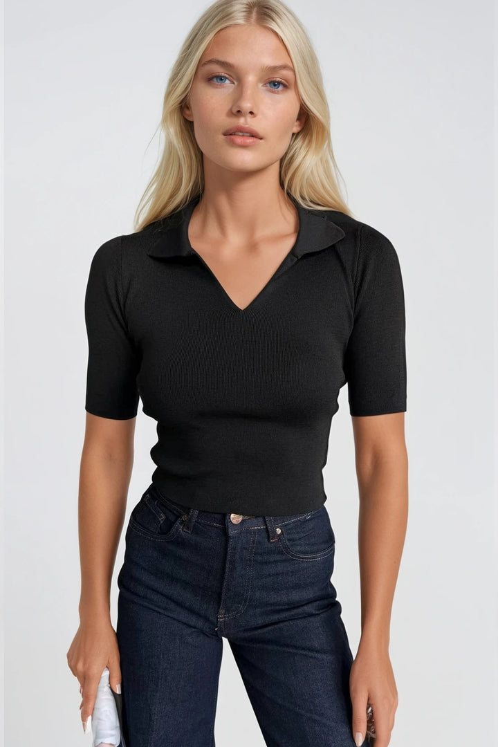 Polo Yaka Siyah Triko Crop Bluz