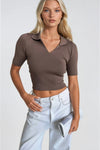 Polo Yaka Bej Triko Crop Bluz