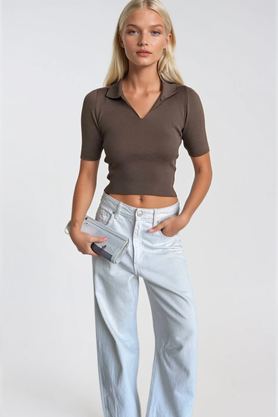 Polo Yaka Bej Triko Crop Bluz