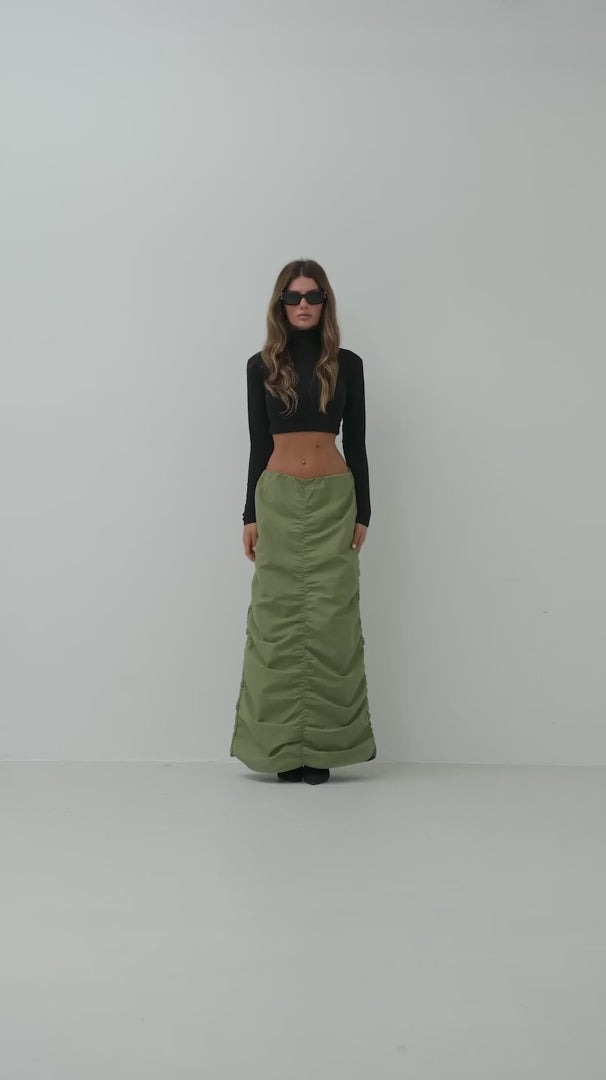 Gathered Detail Khaki Maxi Skirt 