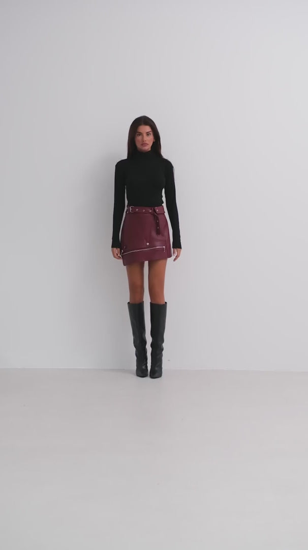 Asymmetrical Belted Burgundy Leather Skirt 