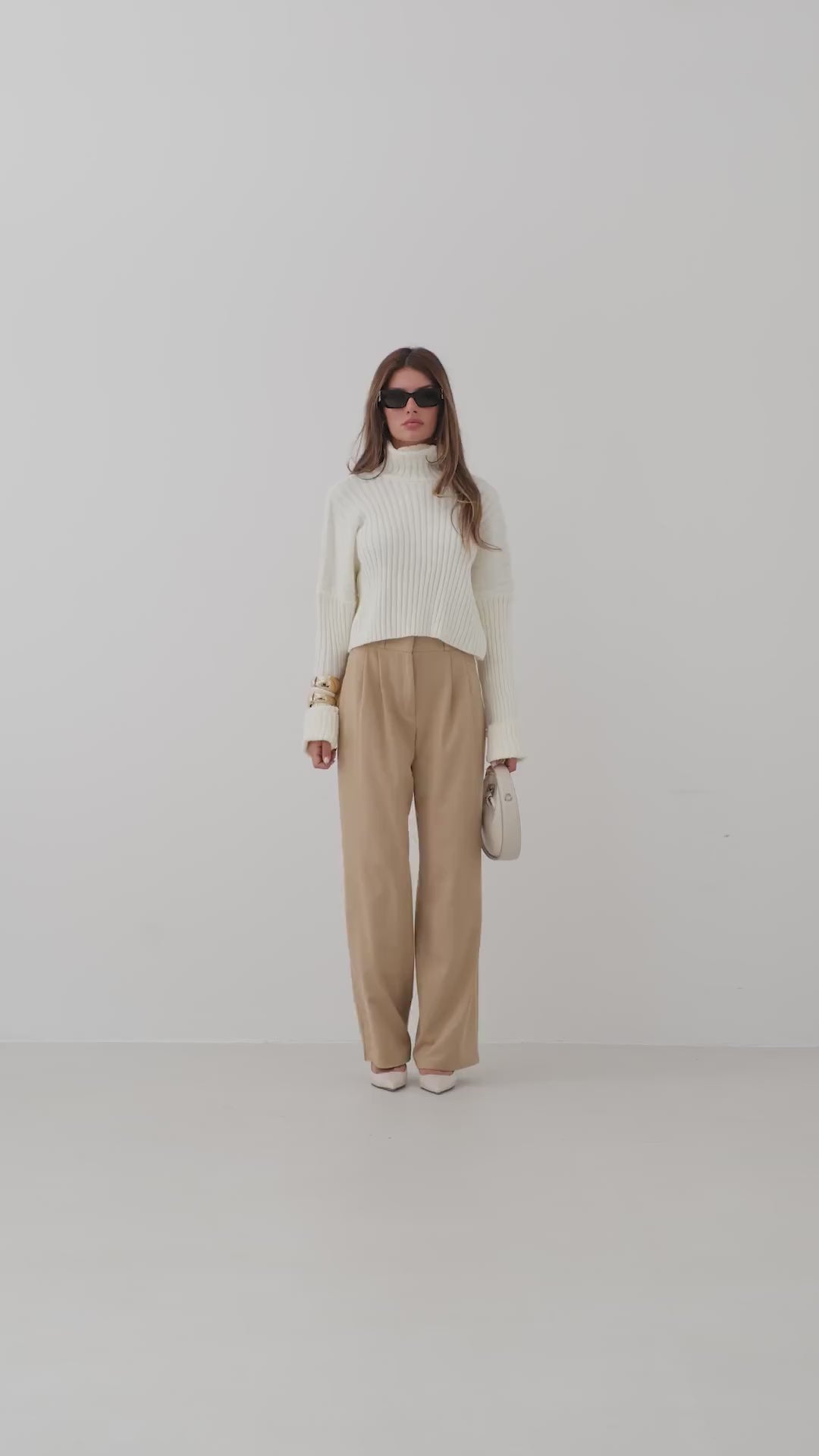 Light Beige Palazzo Trousers with Waist Fold 