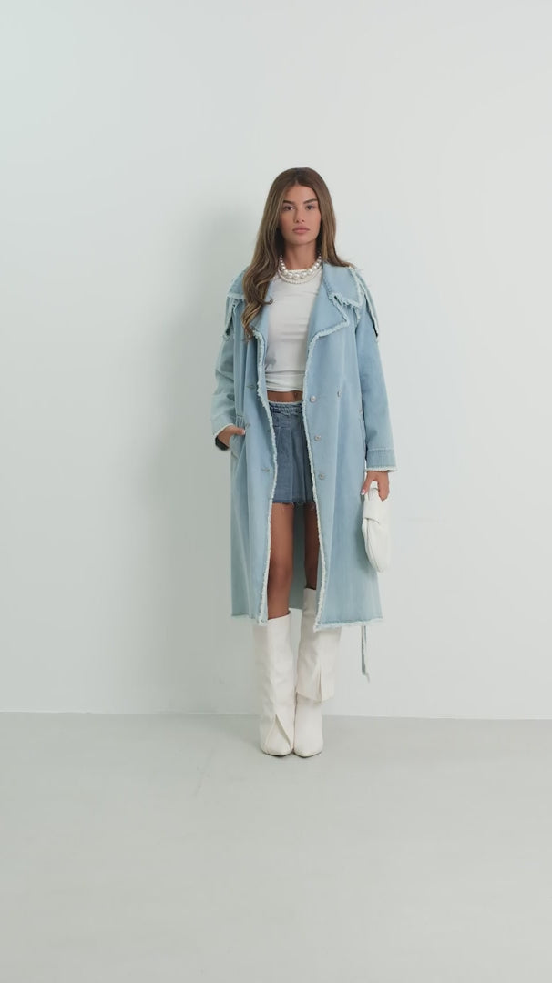 Tassel Detail Light Blue Denim Trench Coat 