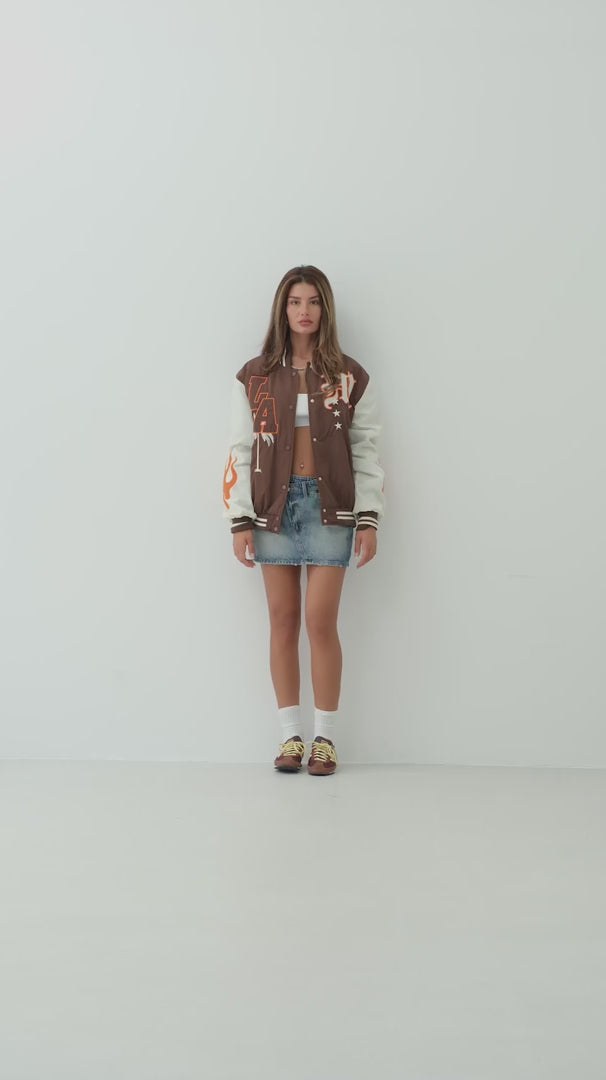 Oversize Embroidered Brown College Jacket 