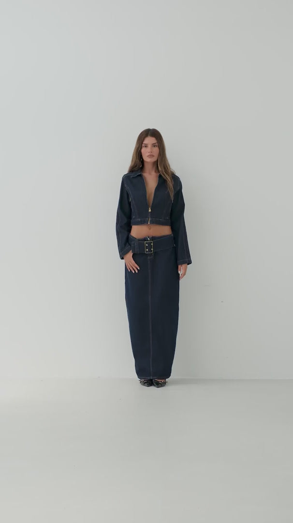 Belt Detail Maxi Navy Blue Denim Skirt 