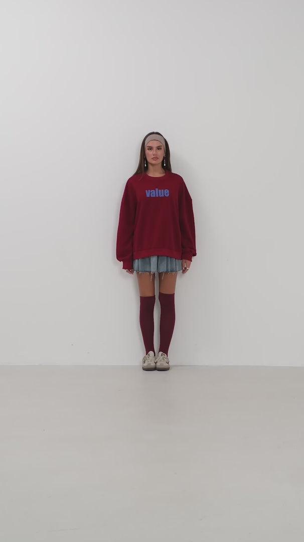 Baskılı Sıfır Yaka Oversize Bordo Sweatshirt