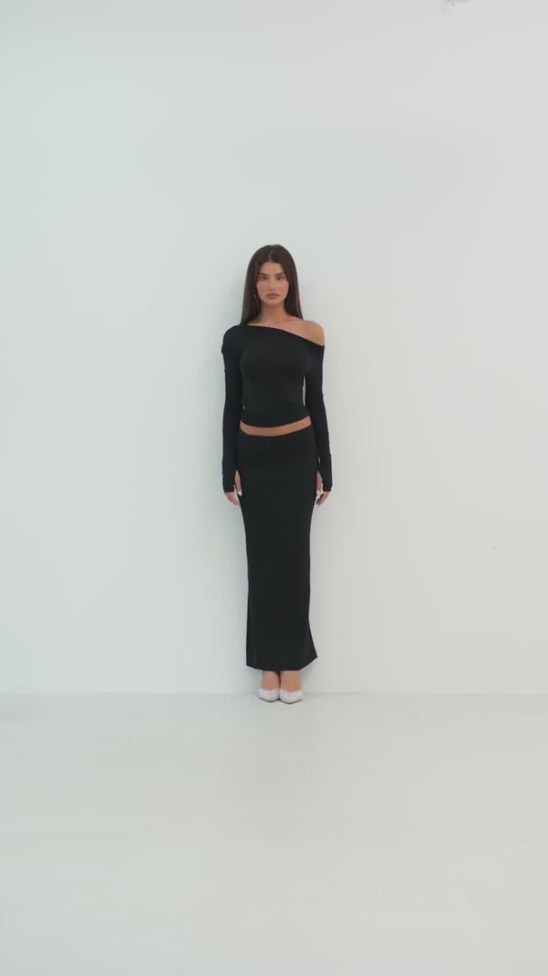 One Shoulder Black Draped Blouse 