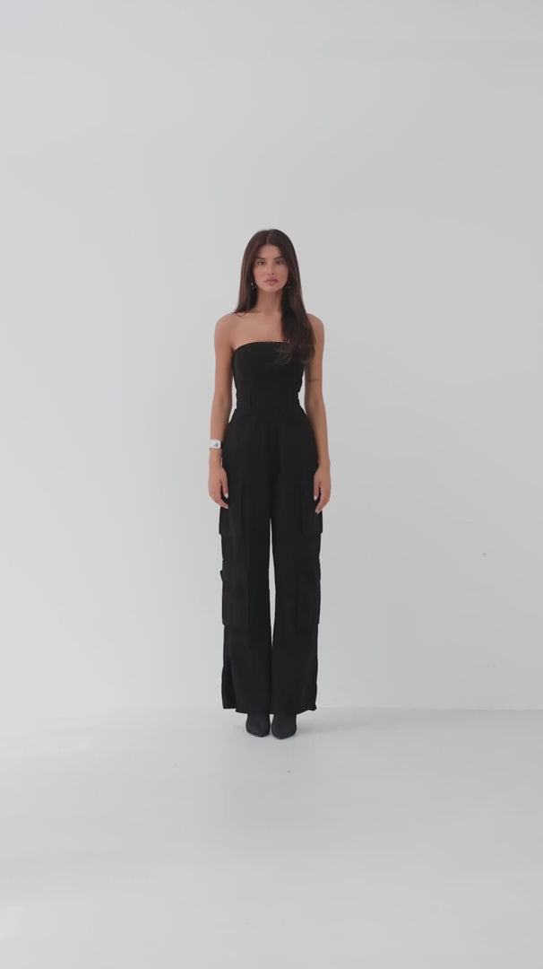 Cargo Pocket Strapless Black Denim Overalls 