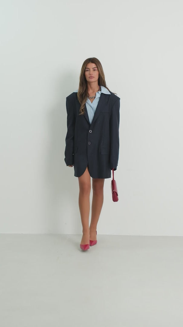 Vatka Detay Çizgili Lacivert Oversize Blazer