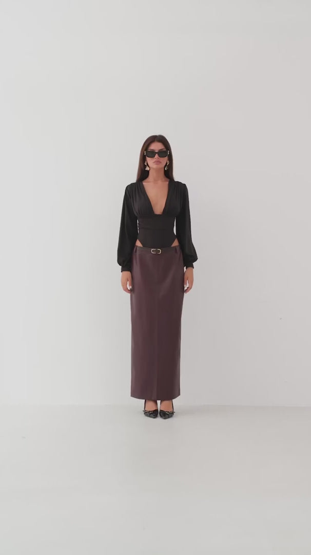 Belt Detail Burgundy Leather Skirt 