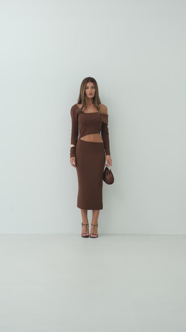 Waist Detail One Shoulder Brown Knit Dress 