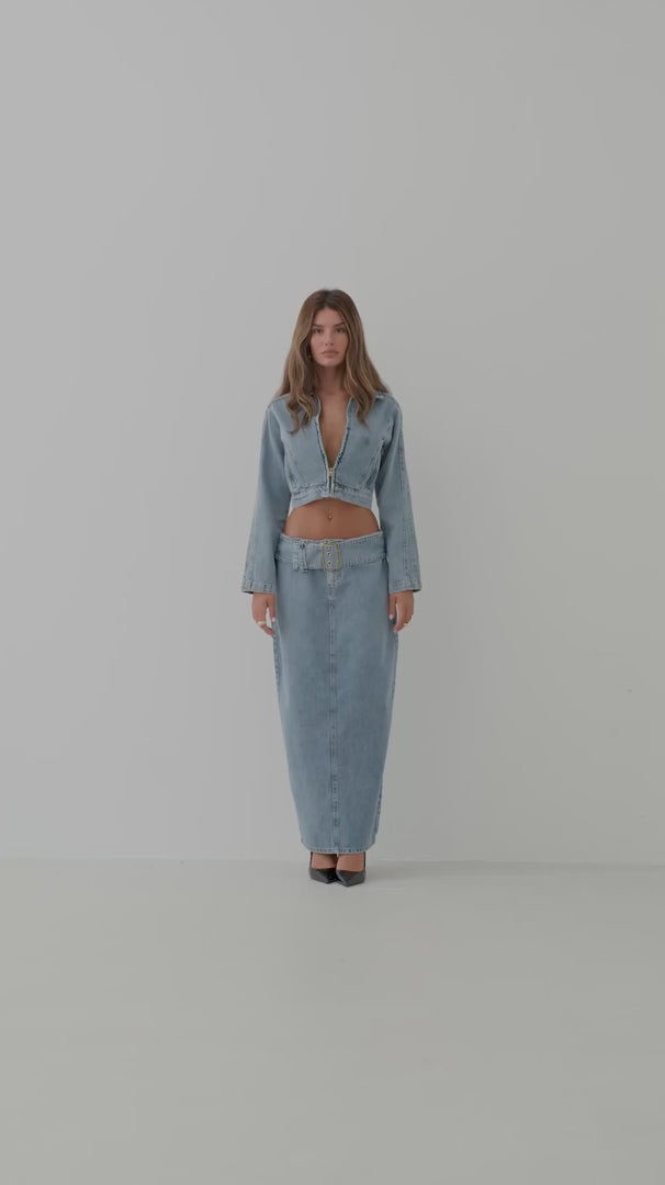 Belt Detail Maxi Light Blue Denim Skirt 