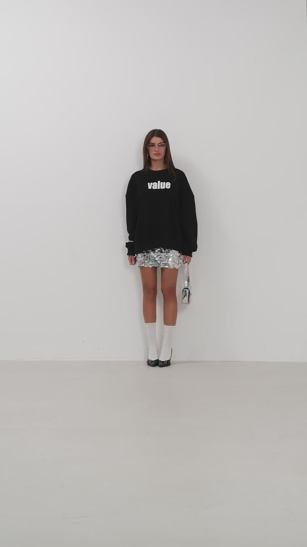 Baskılı Sıfır Yaka Oversize Siyah Sweatshirt