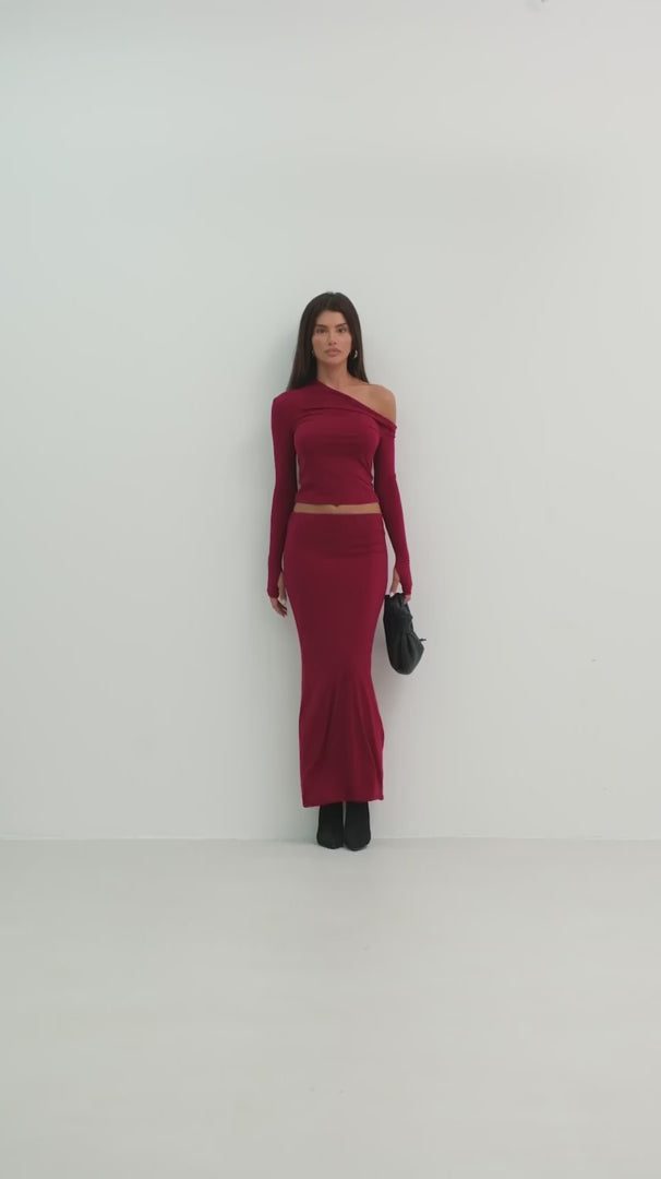 One Shoulder Burgundy Draped Blouse