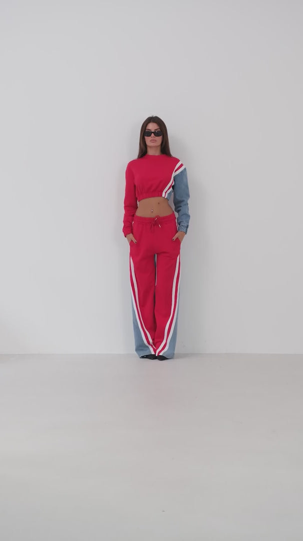 Red Garnished Denim Tracksuit 