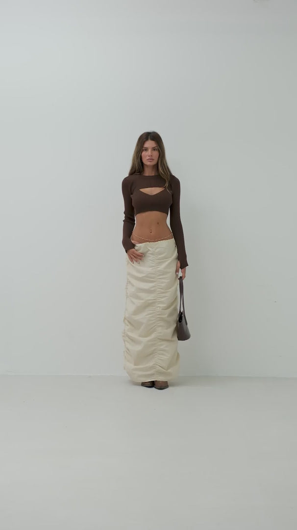 Gathered Detail Beige Maxi Skirt 