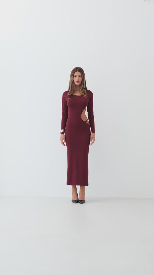 Crew Neck Backless Burgundy Dress 