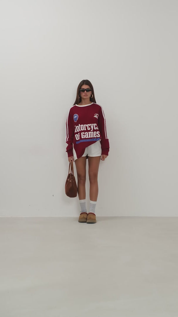 Şerit Detay Baskılı Oversize Bordo Sweatshirt