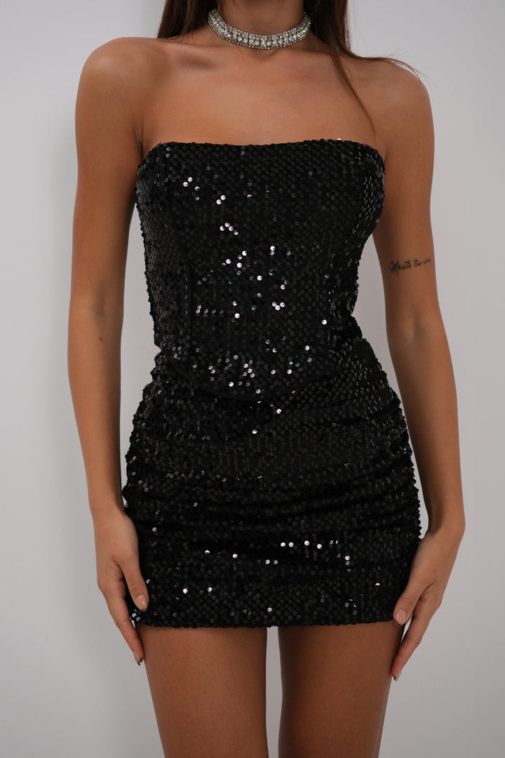 Sequin Velvet Skirt Strapless Crop Black Suit 