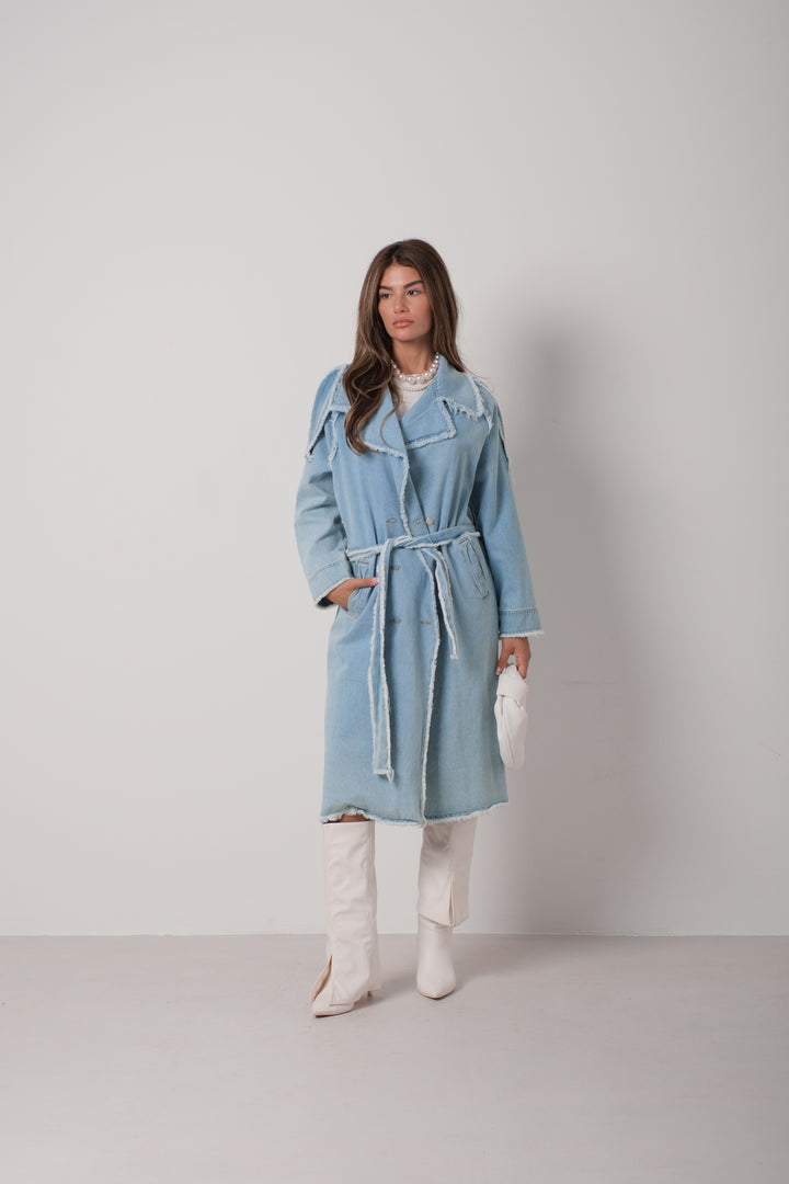 Tassel Detail Light Blue Denim Trench Coat 
