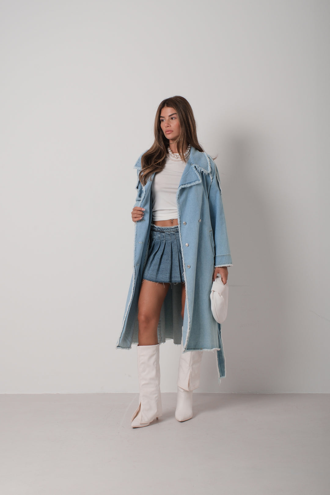 Tassel Detail Light Blue Denim Trench Coat 
