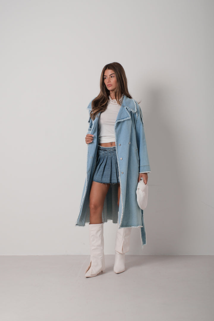 Tassel Detail Light Blue Denim Trench Coat 