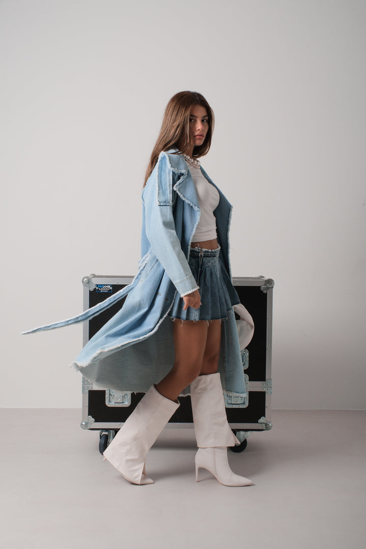 Tassel Detail Light Blue Denim Trench Coat 