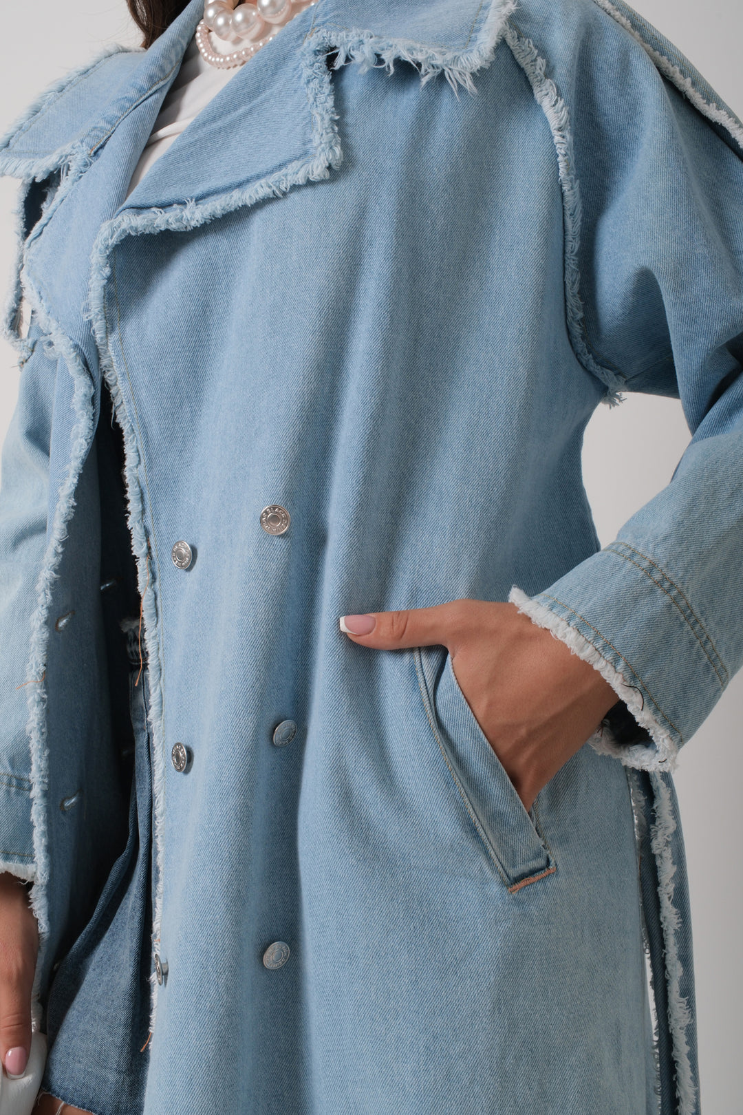 Tassel Detail Light Blue Denim Trench Coat 