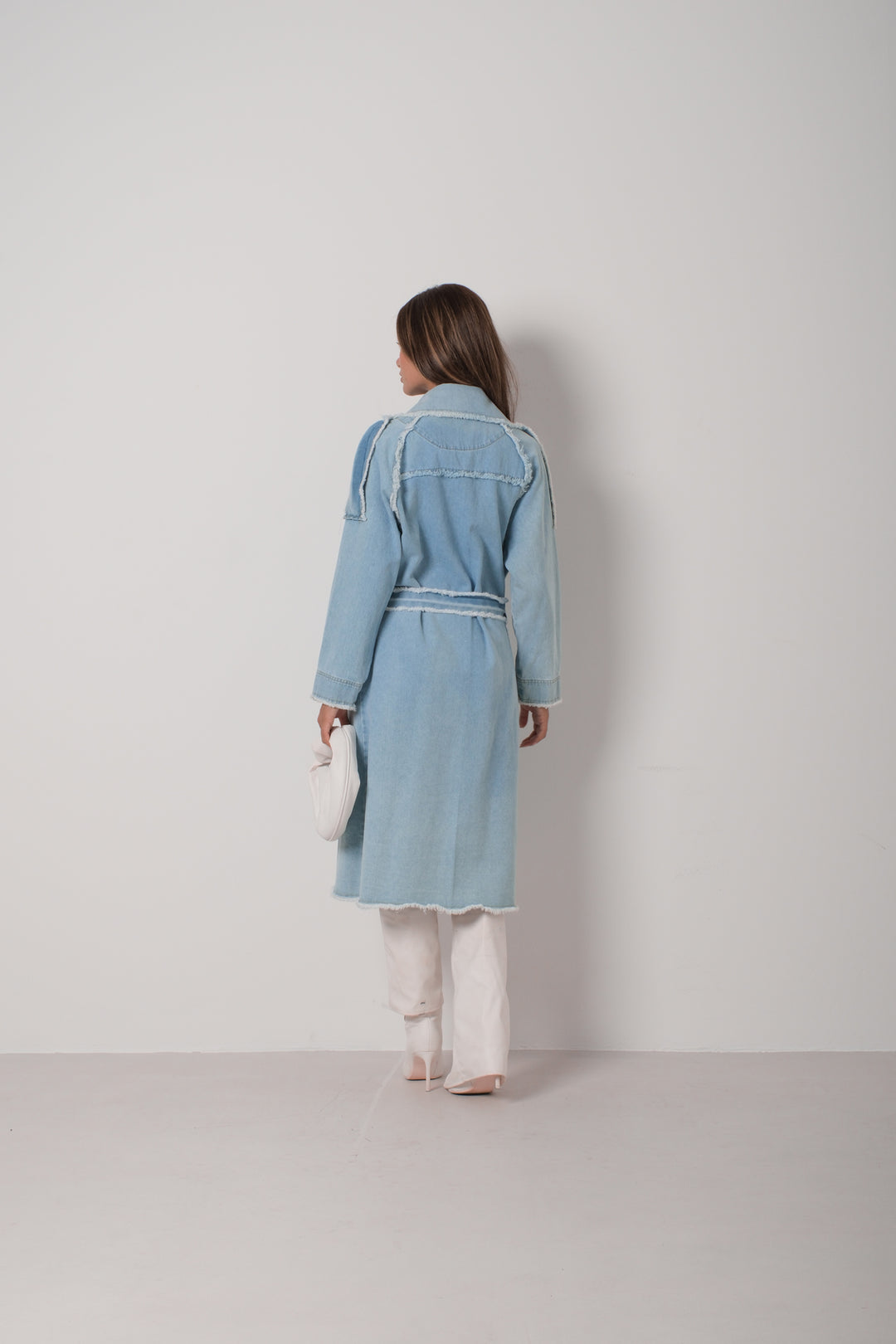 Tassel Detail Light Blue Denim Trench Coat 