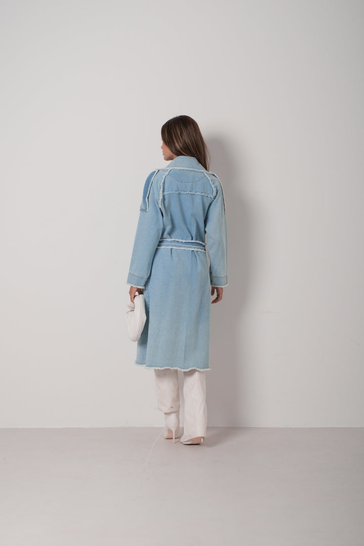 Tassel Detail Light Blue Denim Trench Coat 