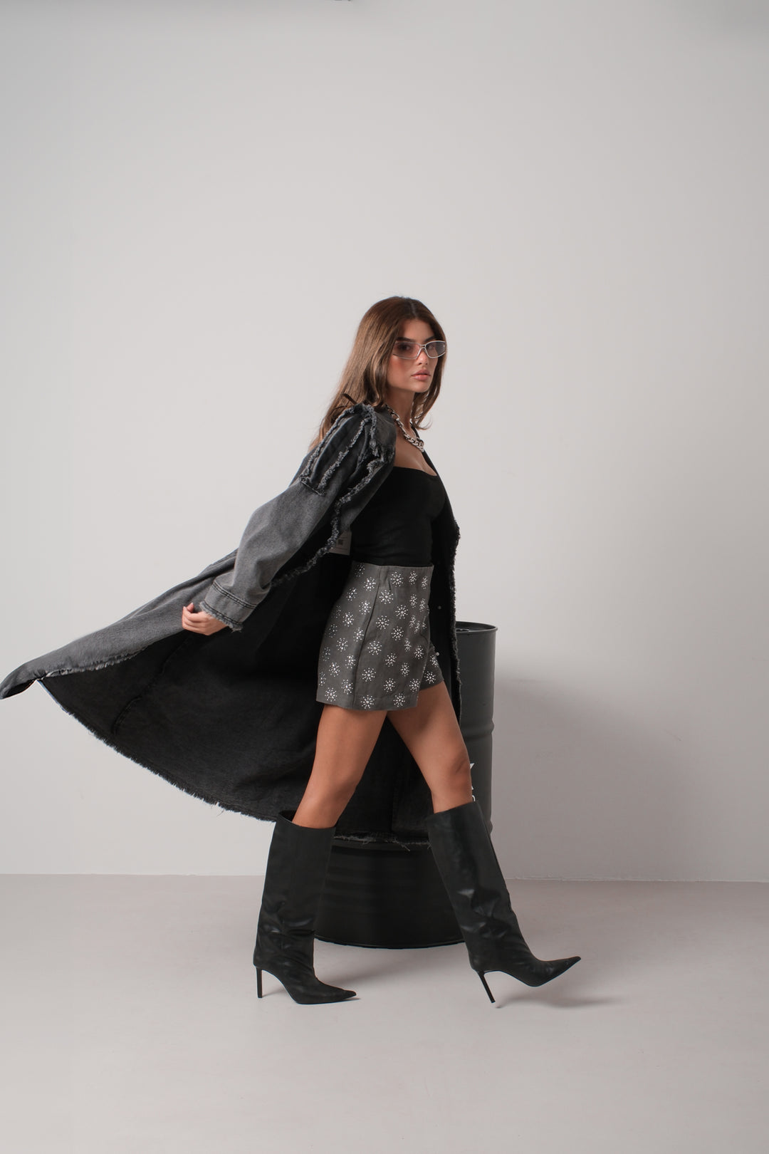 Tassel Detail Grey Denim Trench Coat 