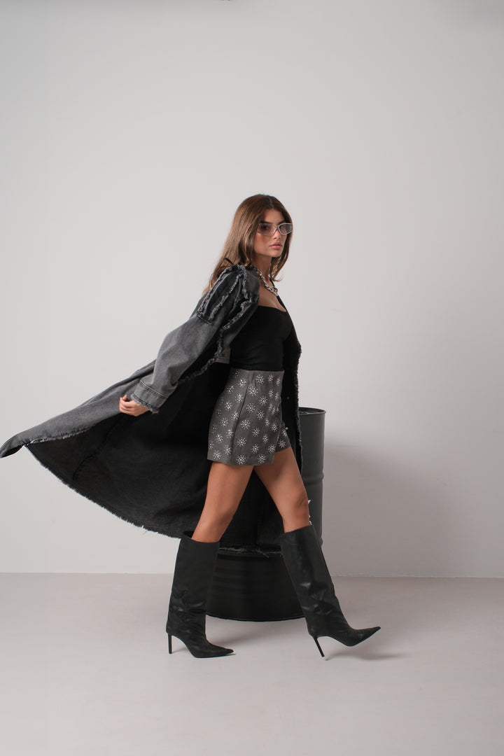 Tassel Detail Grey Denim Trench Coat 